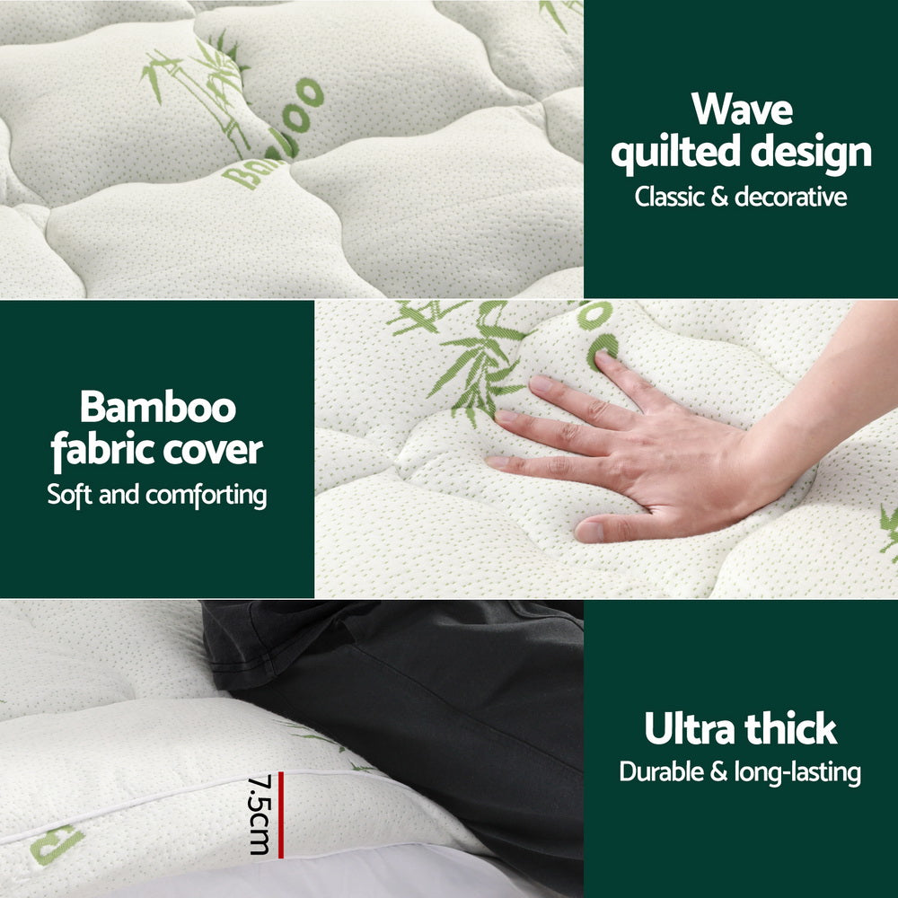 Giselle Bedding Pillowtop Mattress Topper 7.5cm Thick Bamboo Pad for Back Pain Relief Washable Skin-friendly Bed Protector with 45cm Deep Pocket Double