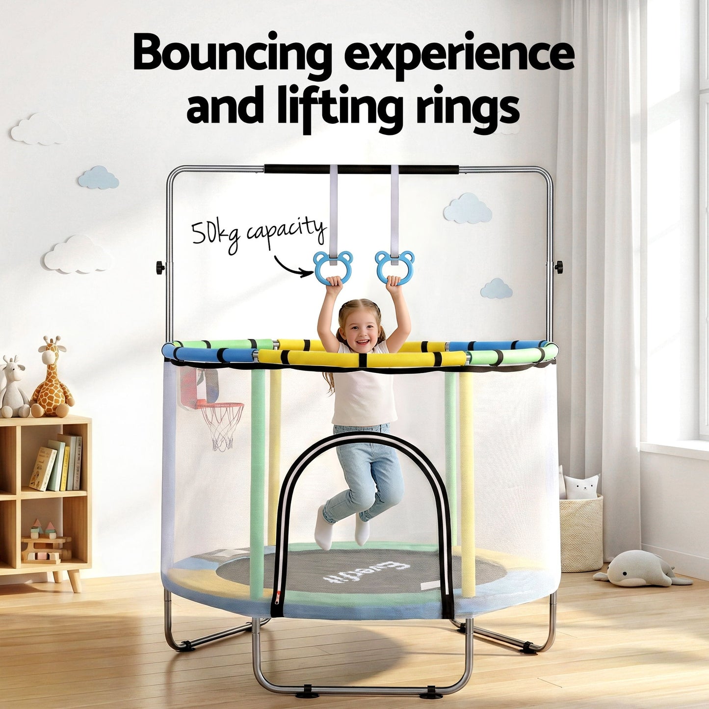 Everfit 55inch Trampoline Kids Rebounder with Basketball Set Sandbag Boxing Game