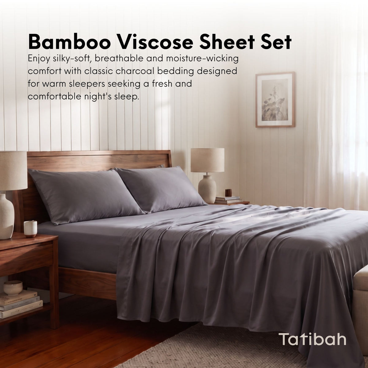 Tatibah Queen Bamboo Viscose Bed Sheet Set Deep 400 Thread Count - Charcoal