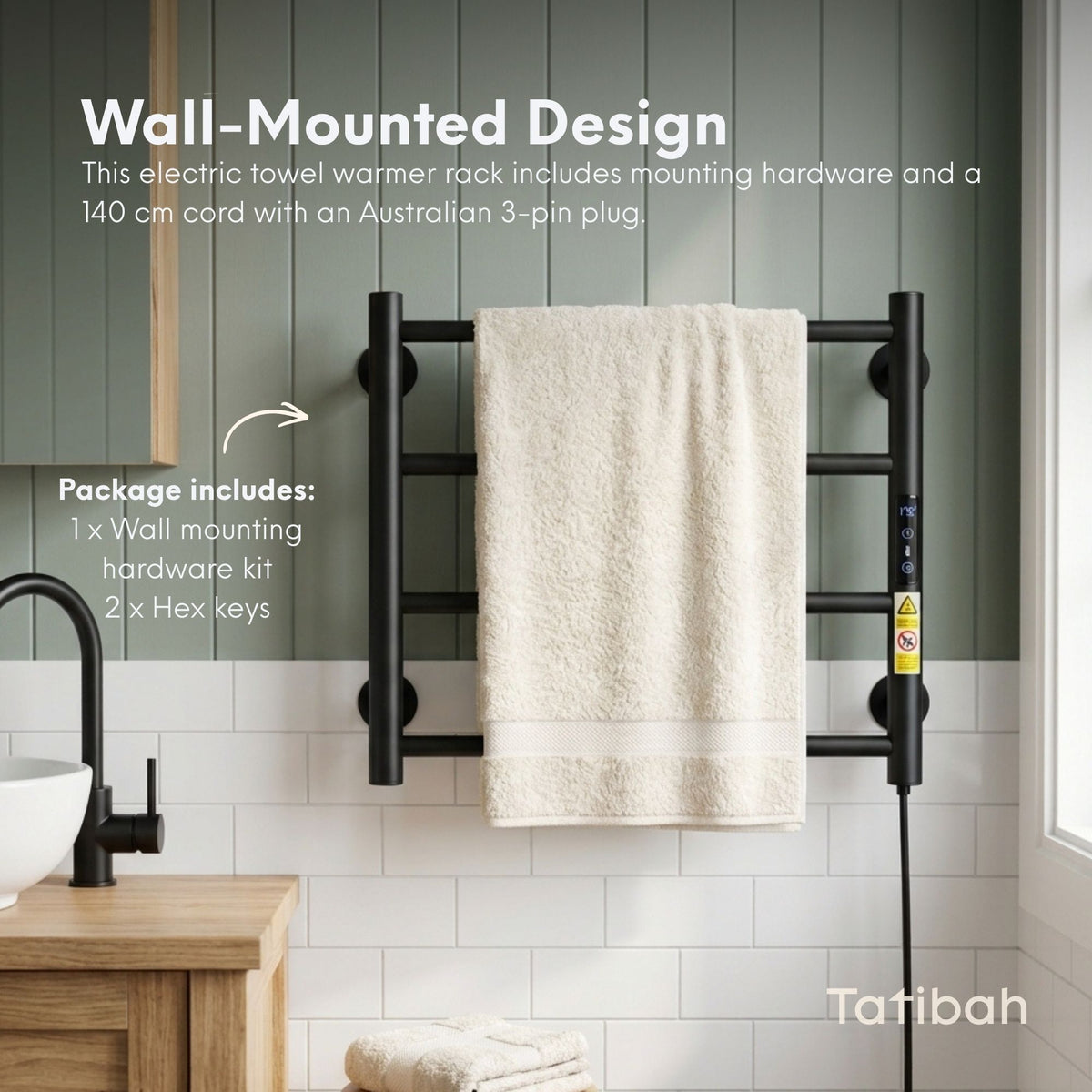 Tatibah Heated Towel Racks - Electric Warming Rails + Timer Matte Black