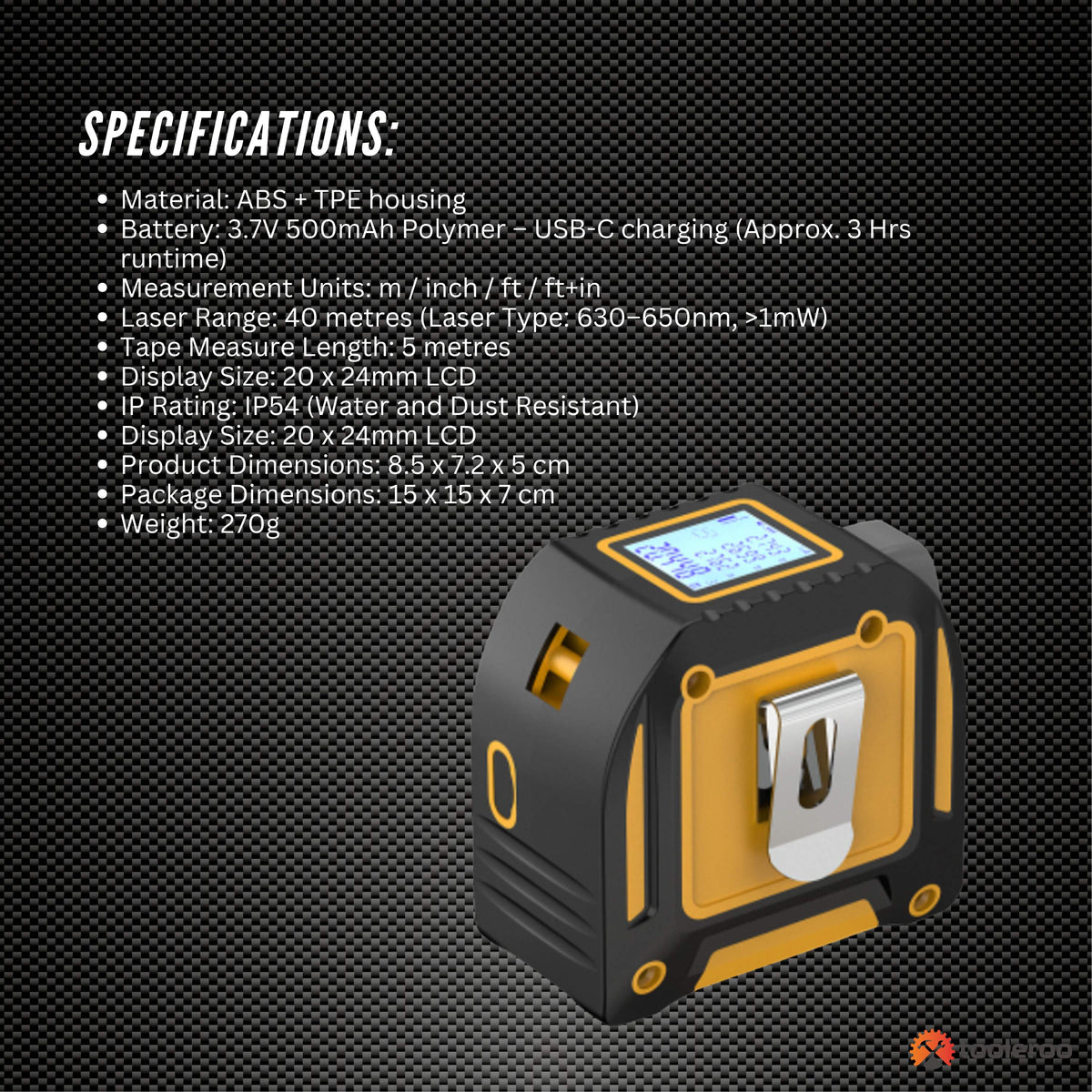 Tooleroo 40m Digital Laser Tape Measure 5m Steel Tape 3-in-1 Measuring Tool