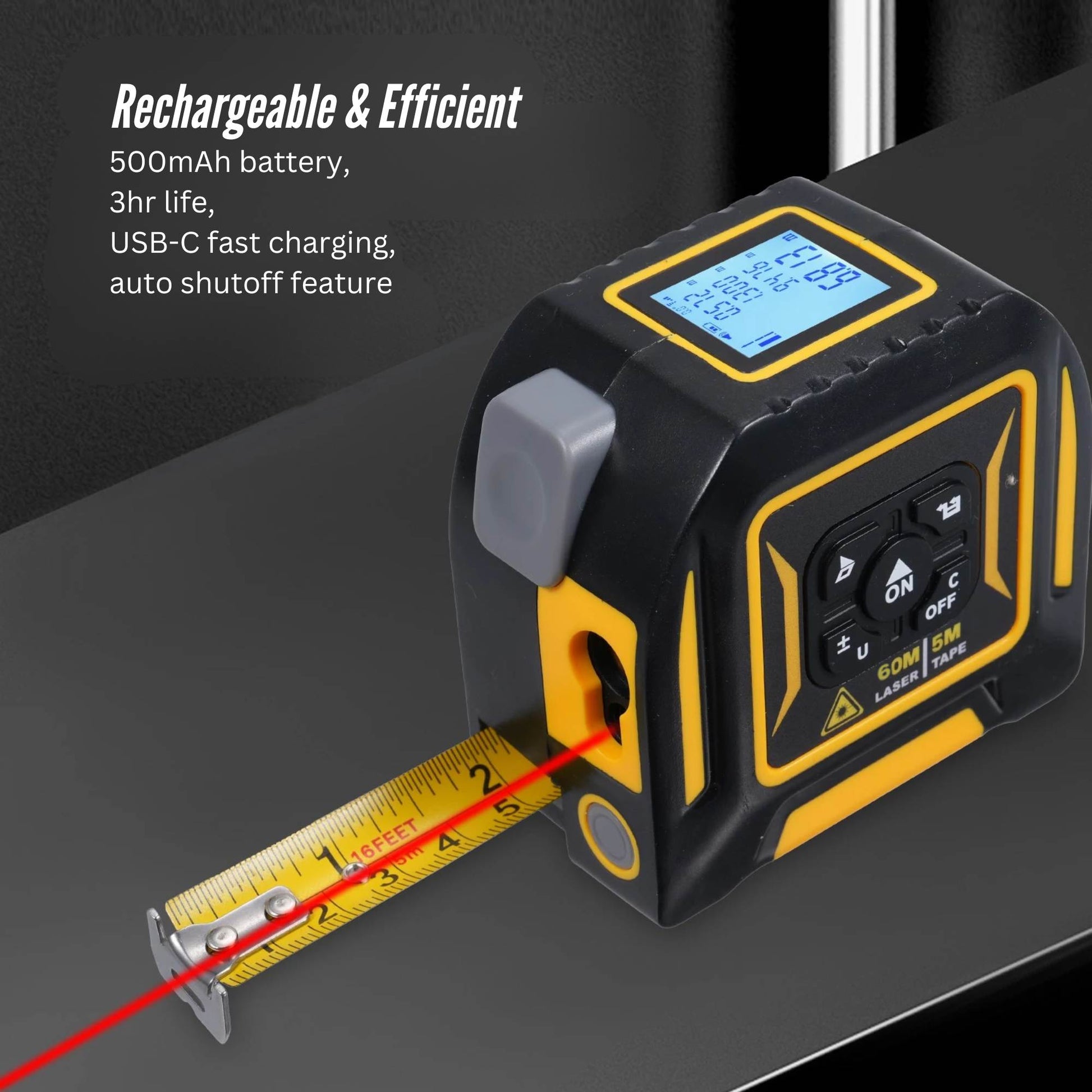 Tooleroo 60m Digital Laser Tape Measure + 5m Steel Tape – 3-in-1 Cross Marking