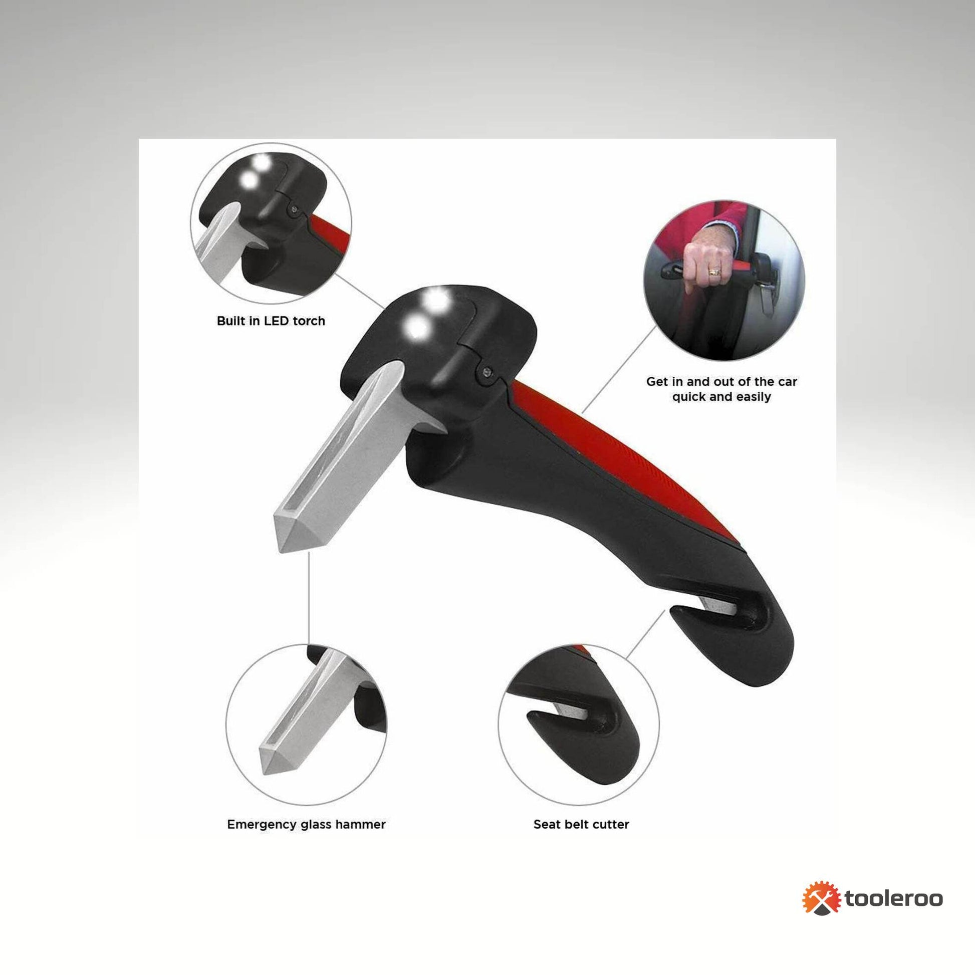 Tooleroo Car Cane Door Handle - Portable Elderly Stand Aid LED Light Hammer Bulk