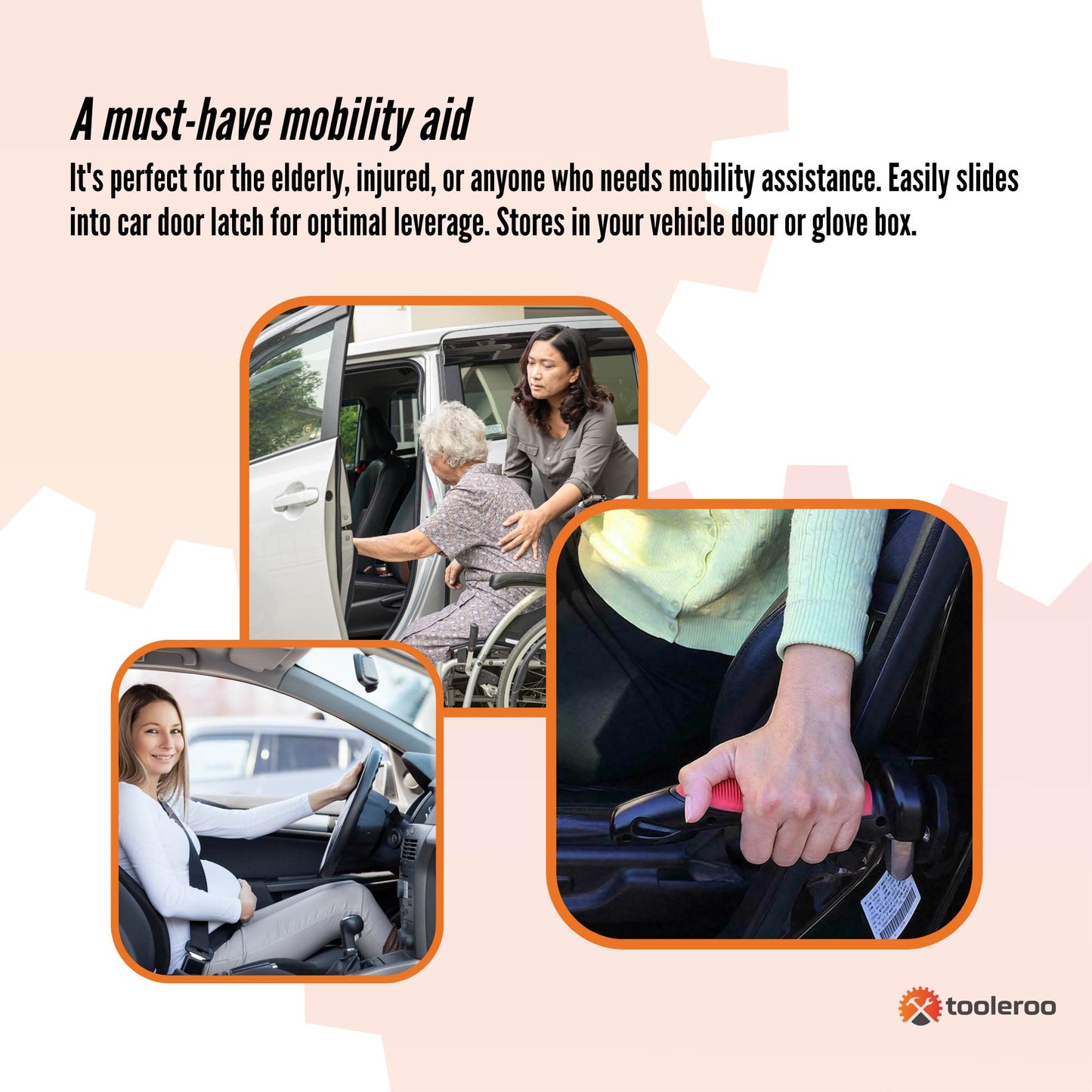 Tooleroo Car Cane Door Handle - Portable Elderly Stand Aid LED Light Hammer Bulk