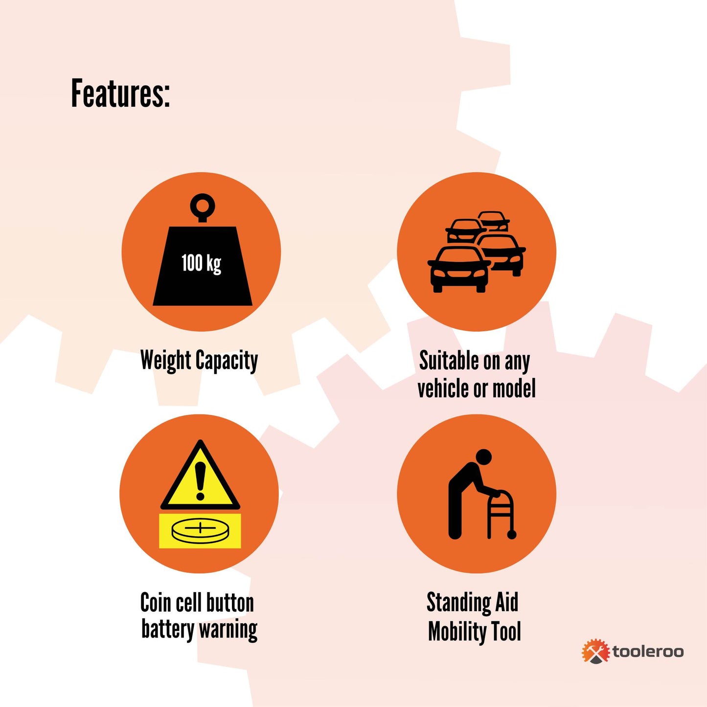 Tooleroo Car Cane Door Handle - Portable Elderly Stand Aid LED Light Hammer Bulk