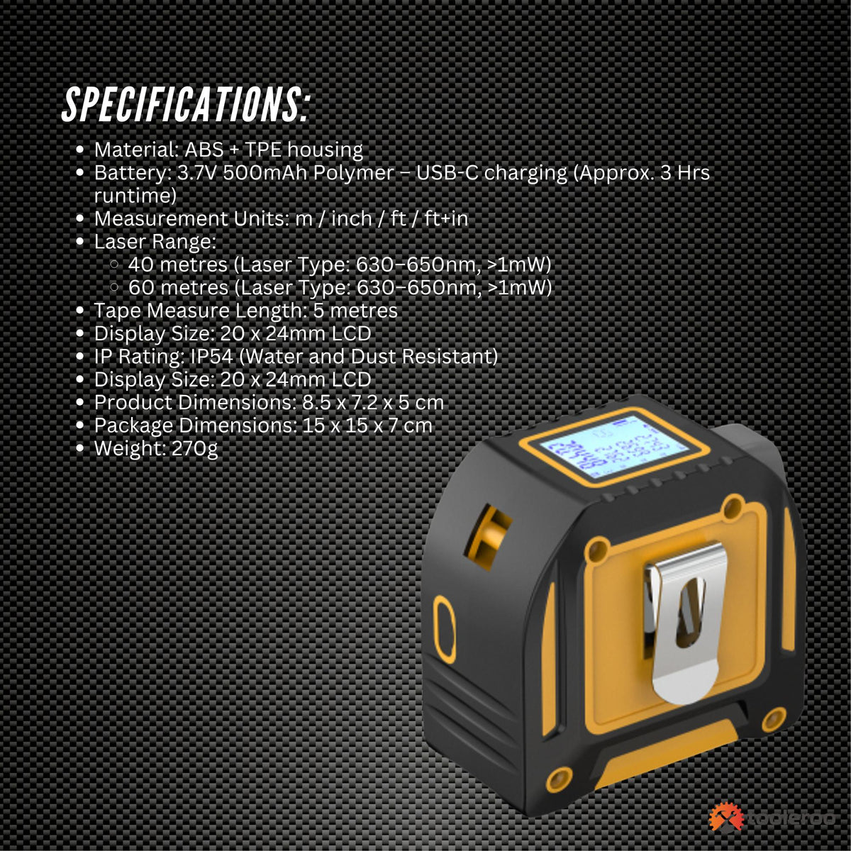 Tooleroo Digital Laser Tape Measure 5m Steel Tape 3-in-1 Measuring Tool