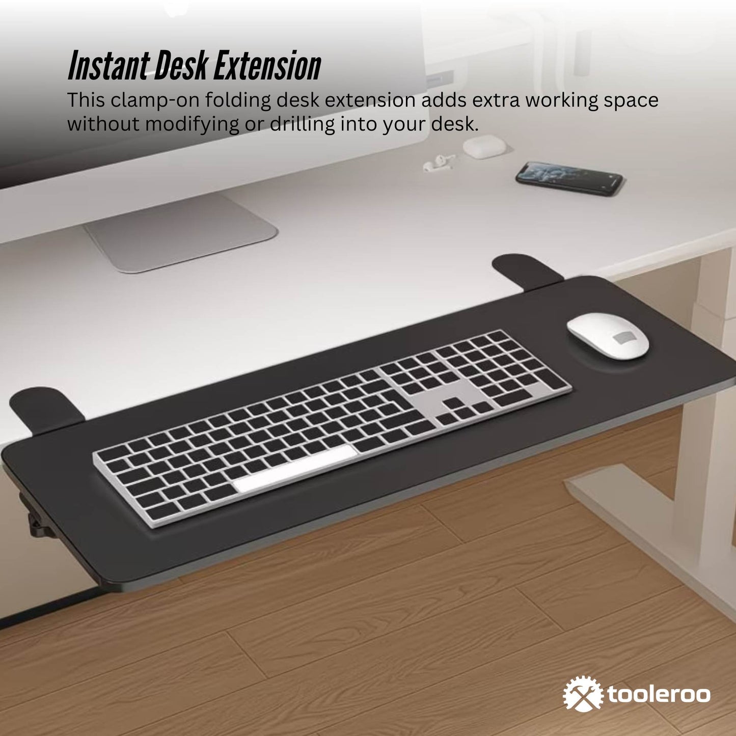 Tooleroo Folding Tray Desk Extender - Clamp-On Table Extension Shelf Black
