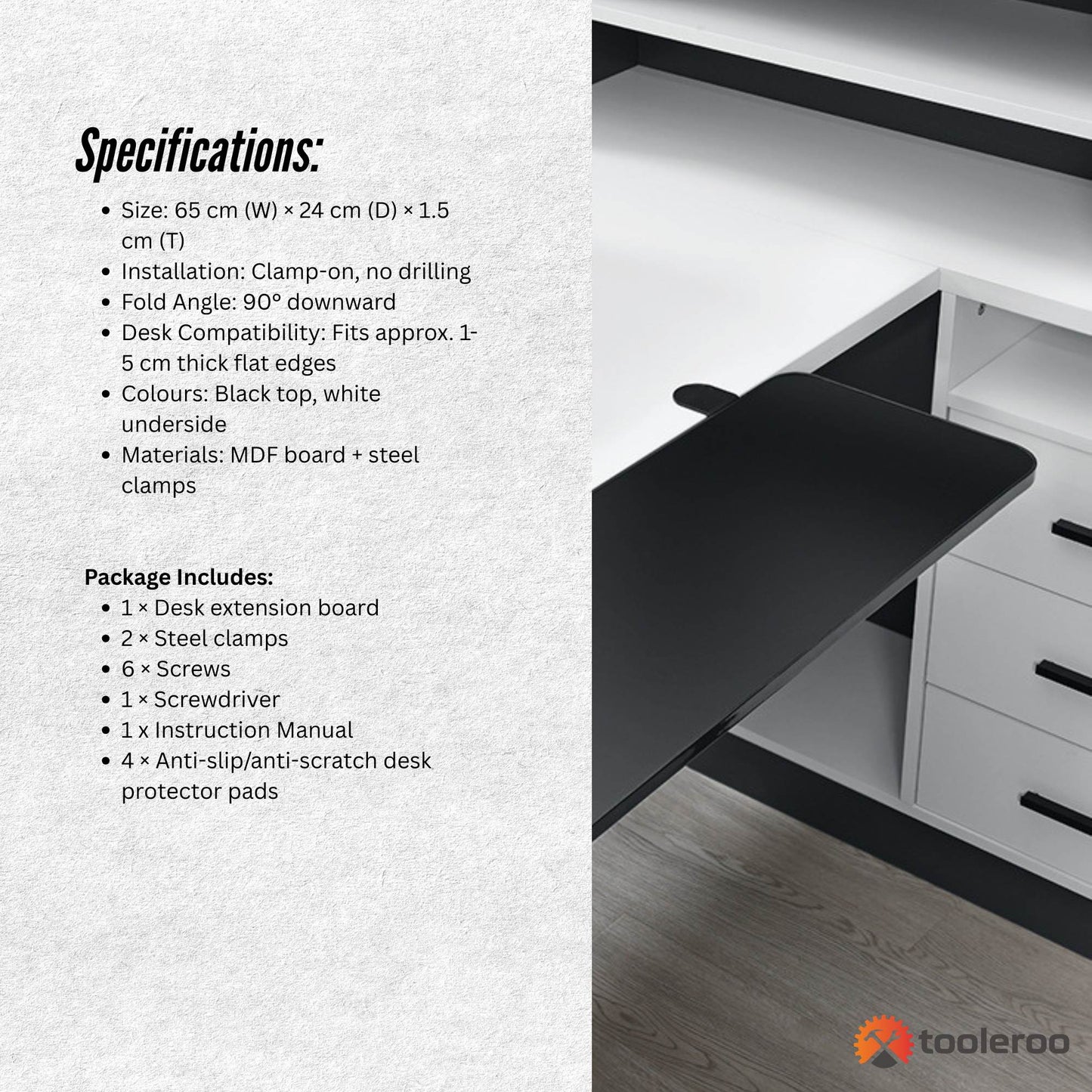 Tooleroo Folding Tray Desk Extender - Clamp-On Table Extension Shelf Black