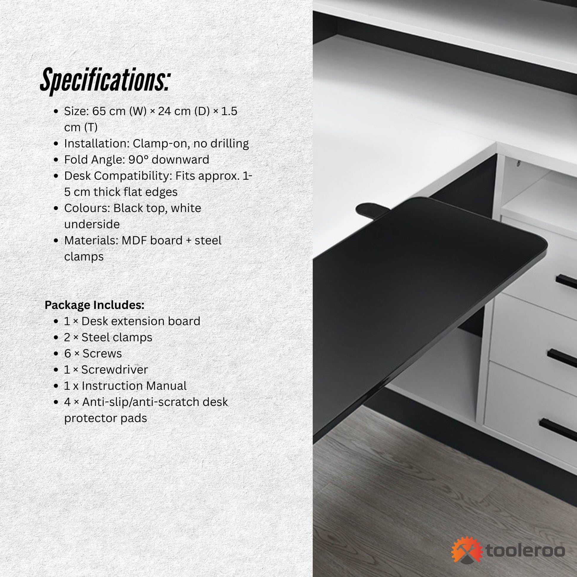 Tooleroo Folding Tray Desk Extender - Clamp-On Table Extension Shelf Black