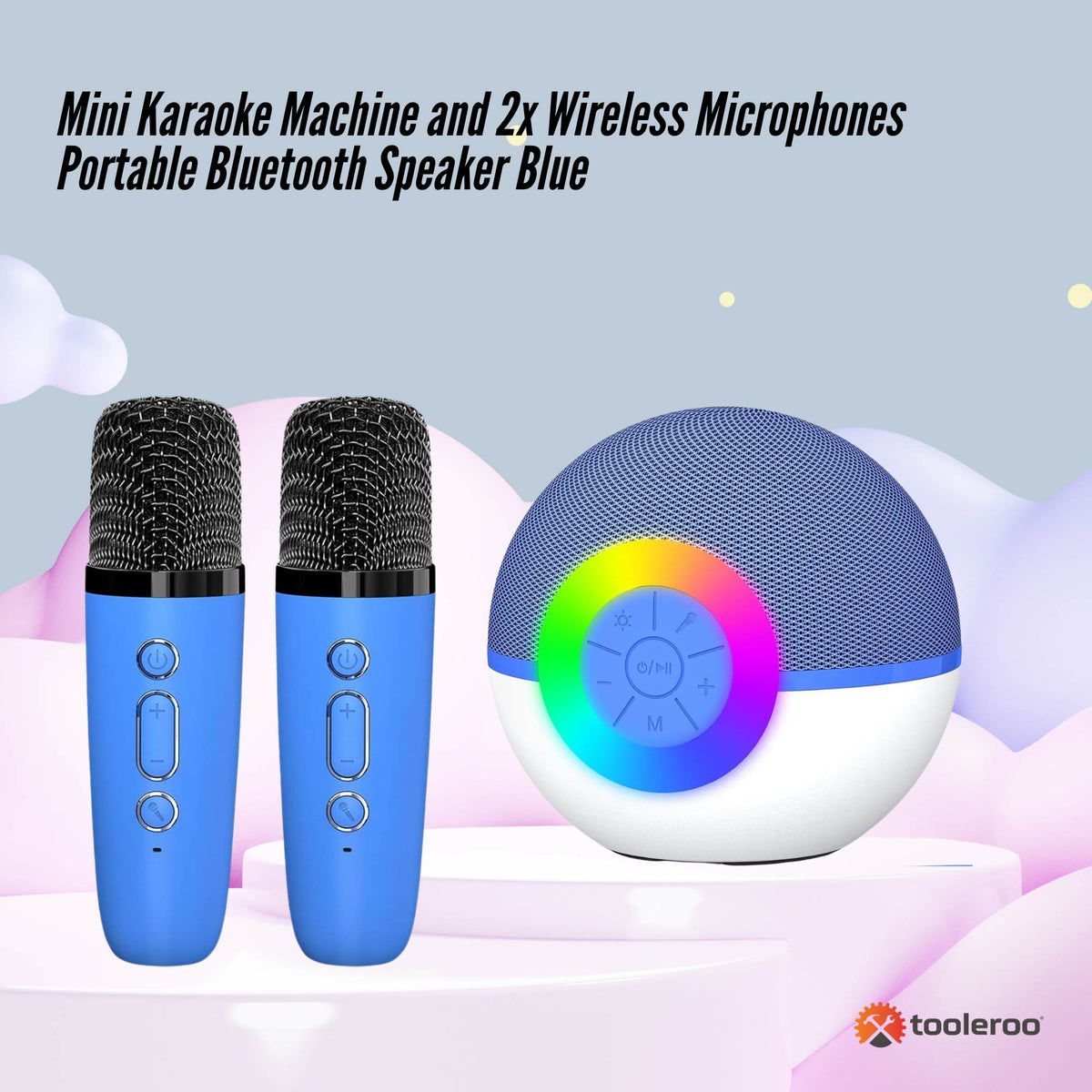 Tooleroo Mini Karaoke Machine 2 Wireless Mics Bluetooth Speaker Blue