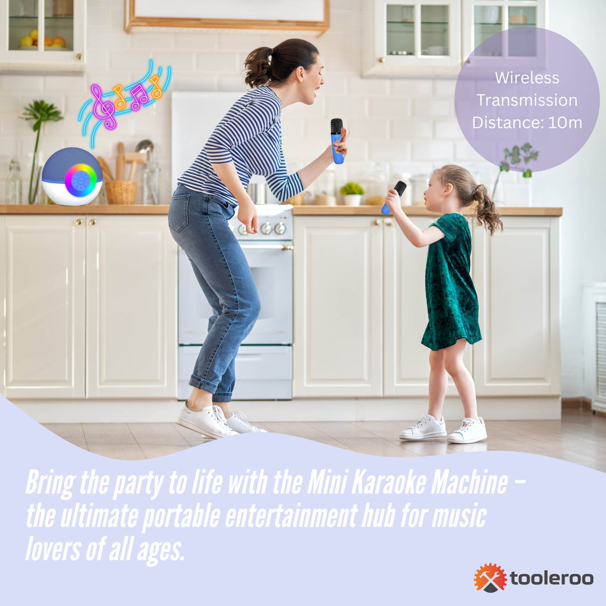 Tooleroo Mini Karaoke Machine 2 Wireless Mics Bluetooth Speaker Blue