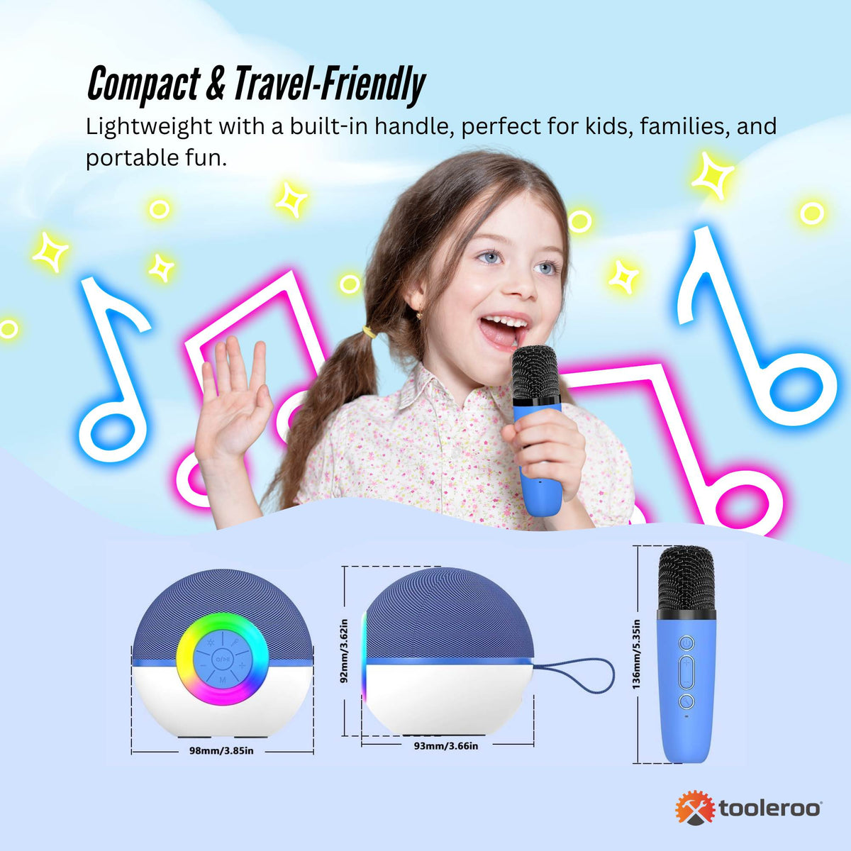 Tooleroo Mini Karaoke Machine 2 Wireless Mics Bluetooth Speaker Blue