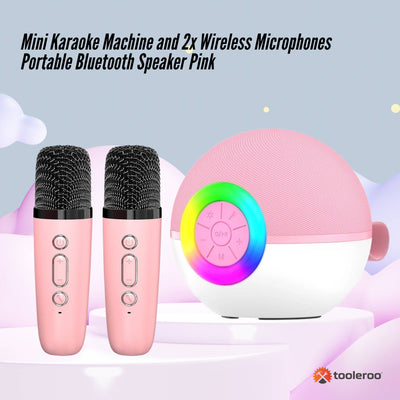 Tooleroo Mini Karaoke Machine 2 Wireless Mics Bluetooth Speaker Pink