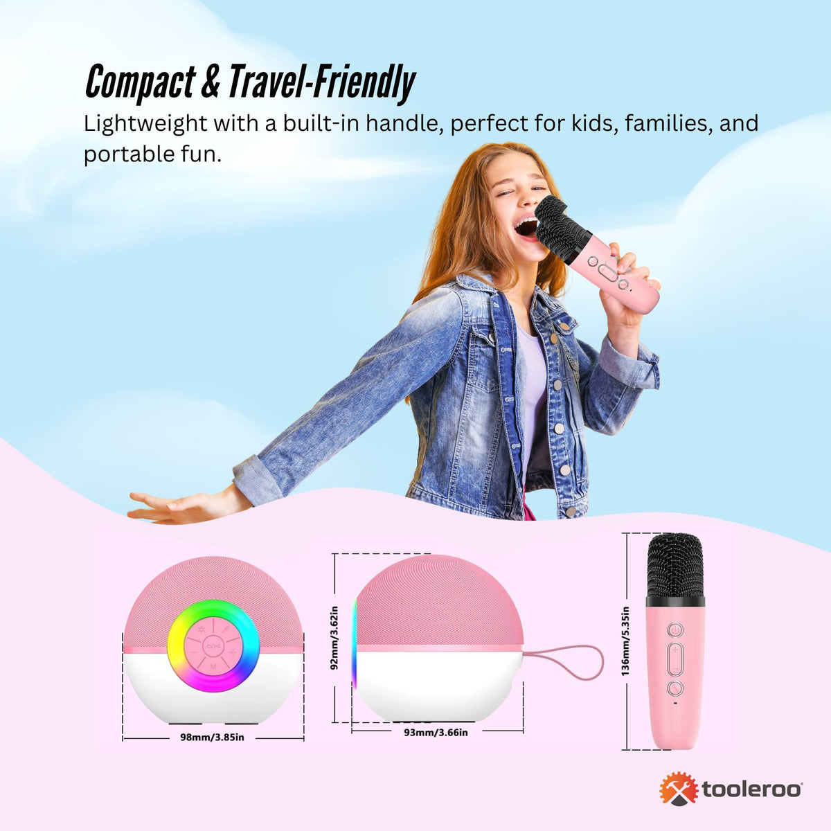 Tooleroo Mini Karaoke Machine 2 Wireless Mics Bluetooth Speaker Pink