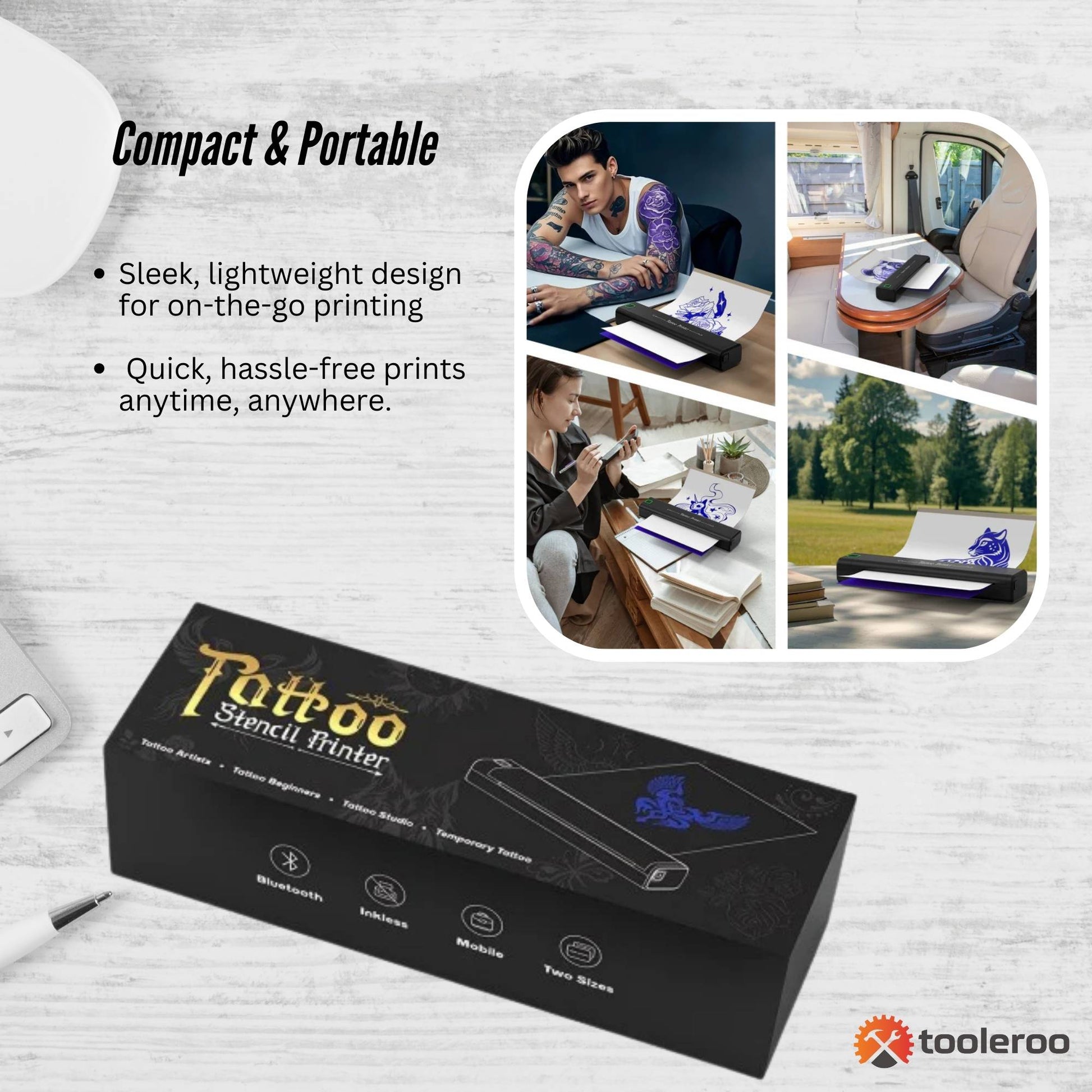 Tooleroo Portable A4 Thermal Printer Black + Tattoo Stencil Paper - Wireless