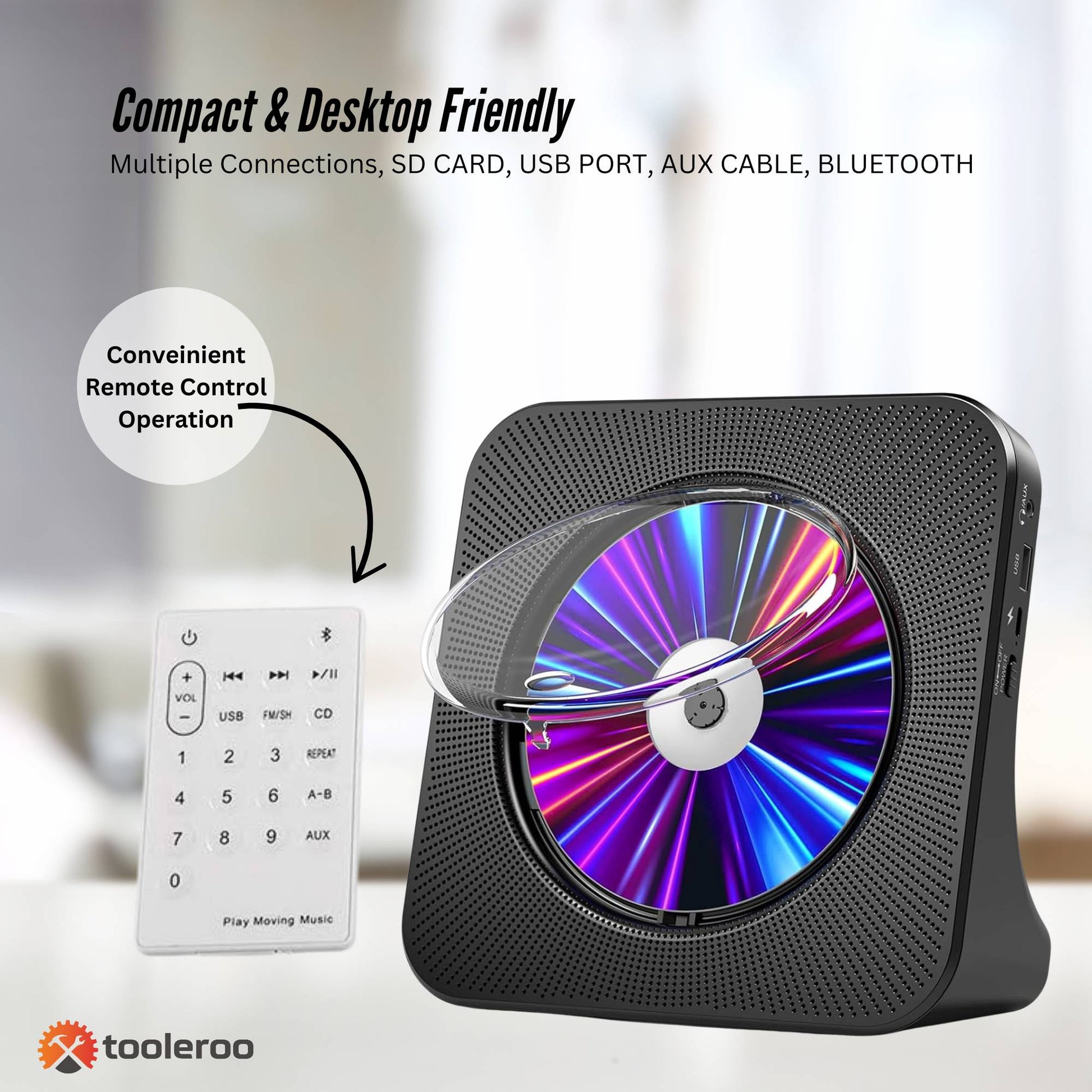 Tooleroo USB Rechargeable Desktop CD Player Speaker – Bluetooth Portable Black