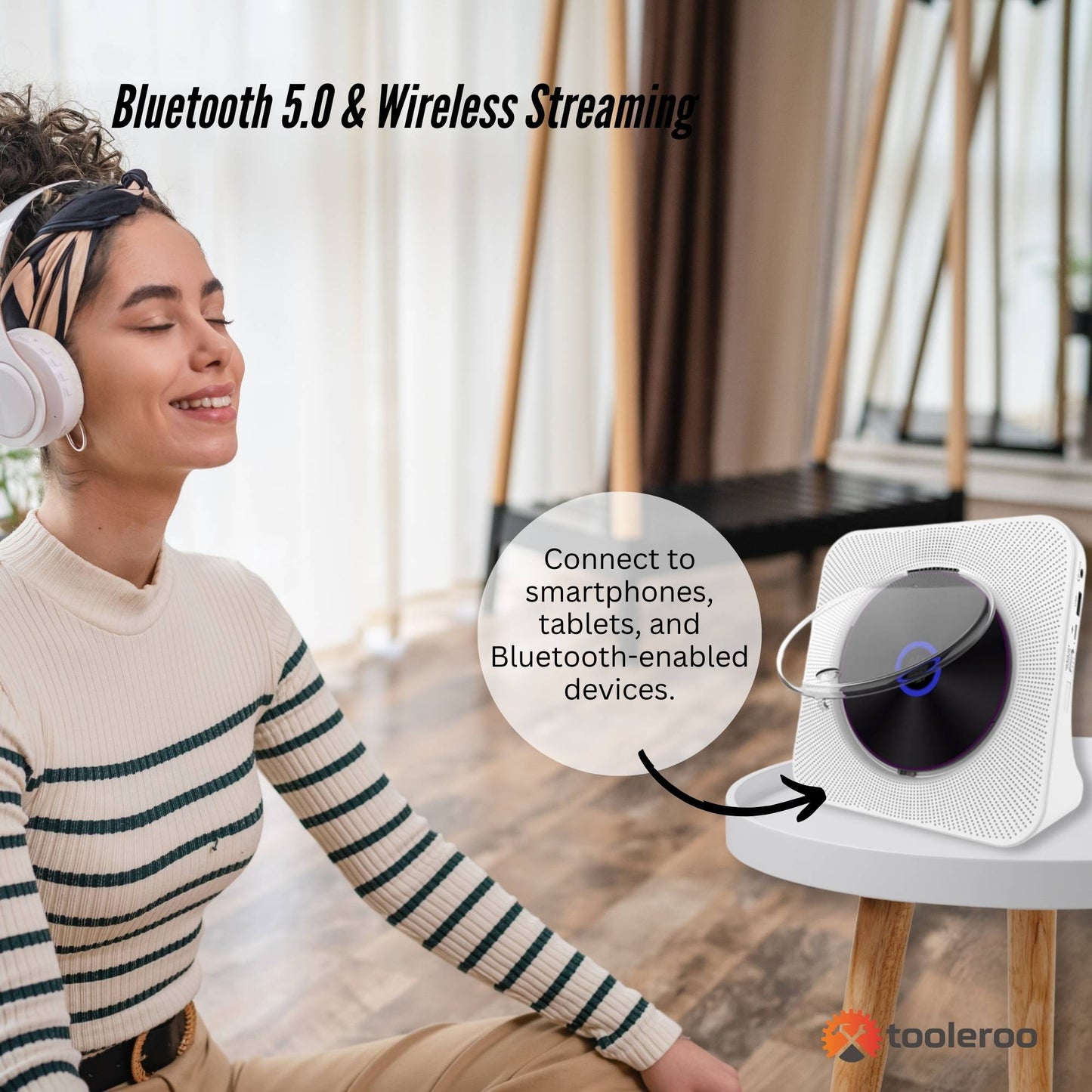 Tooleroo USB Rechargeable Desktop CD Player Speaker – Bluetooth Portable White