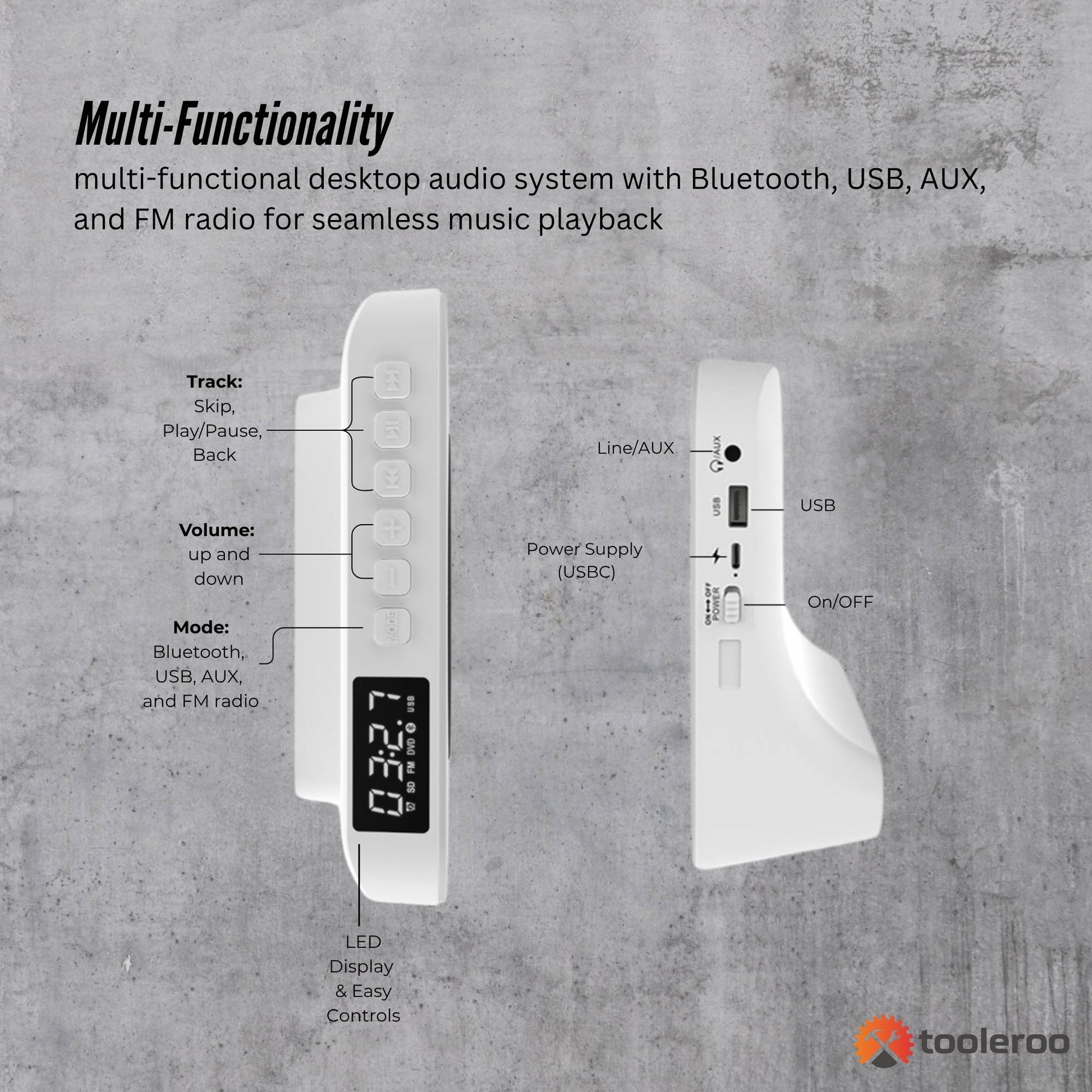 Tooleroo USB Rechargeable Desktop CD Player Speaker – Bluetooth Portable White