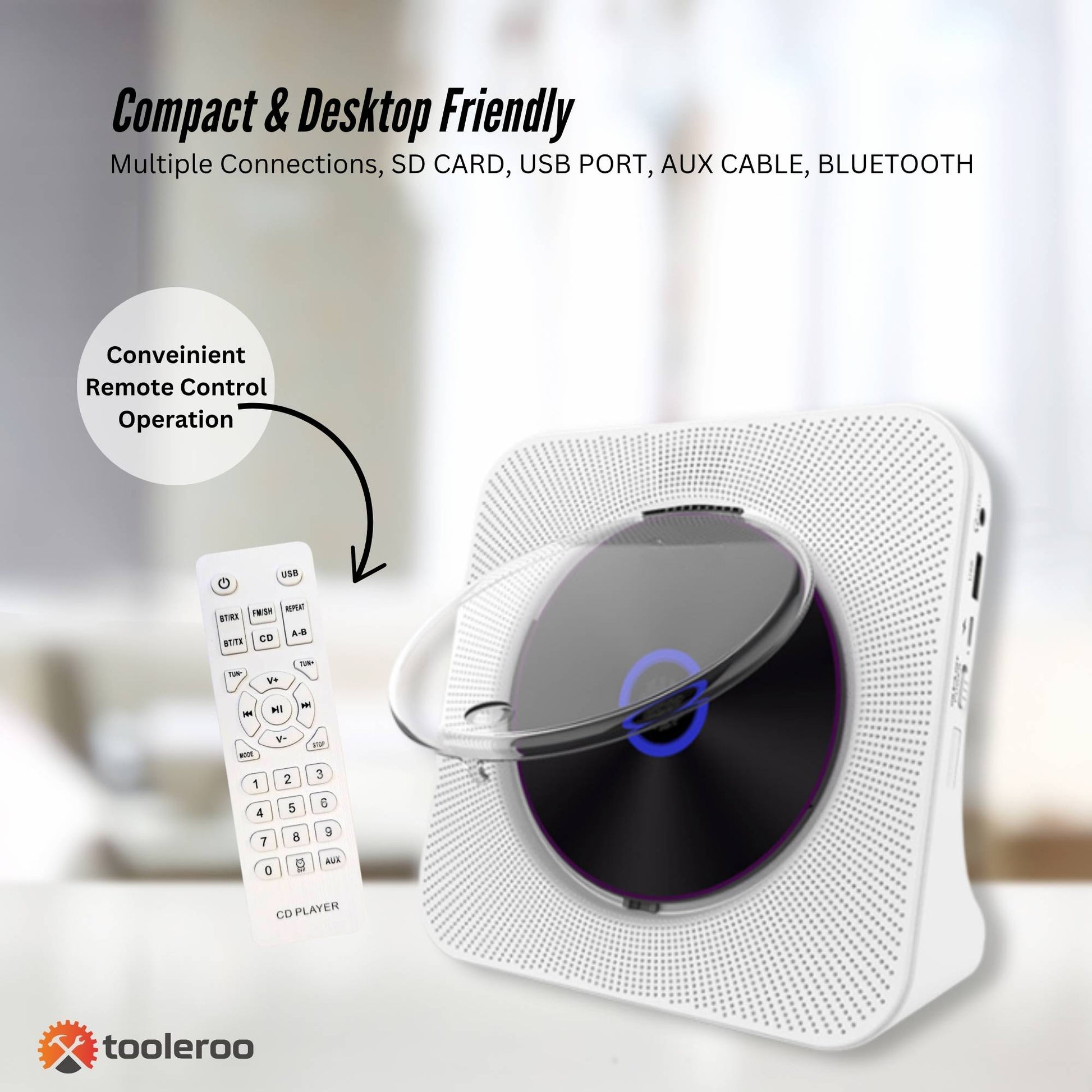 Tooleroo USB Rechargeable Desktop CD Player Speaker – Bluetooth Portable White