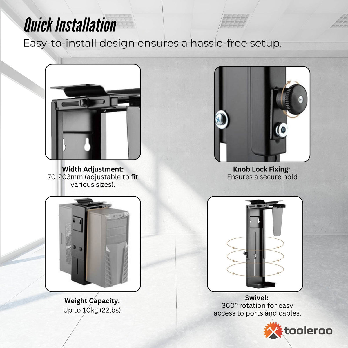 Tooleroo Under Desk PC Mount CPU Holder - Adjustable 360 Degree Swivel