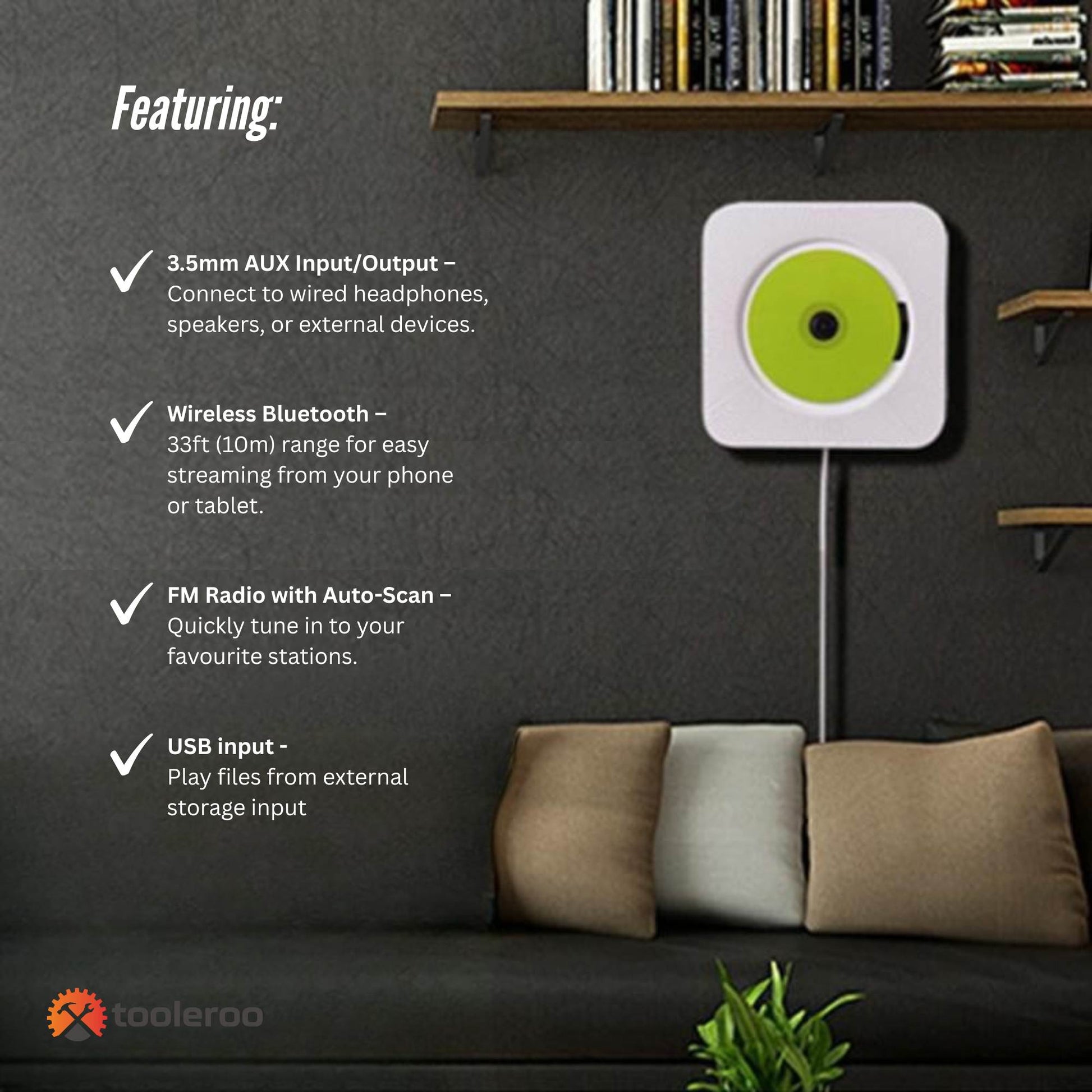 Tooleroo Wall Mountable CD Player Speaker - Bluetooth HiFi FM Radio White