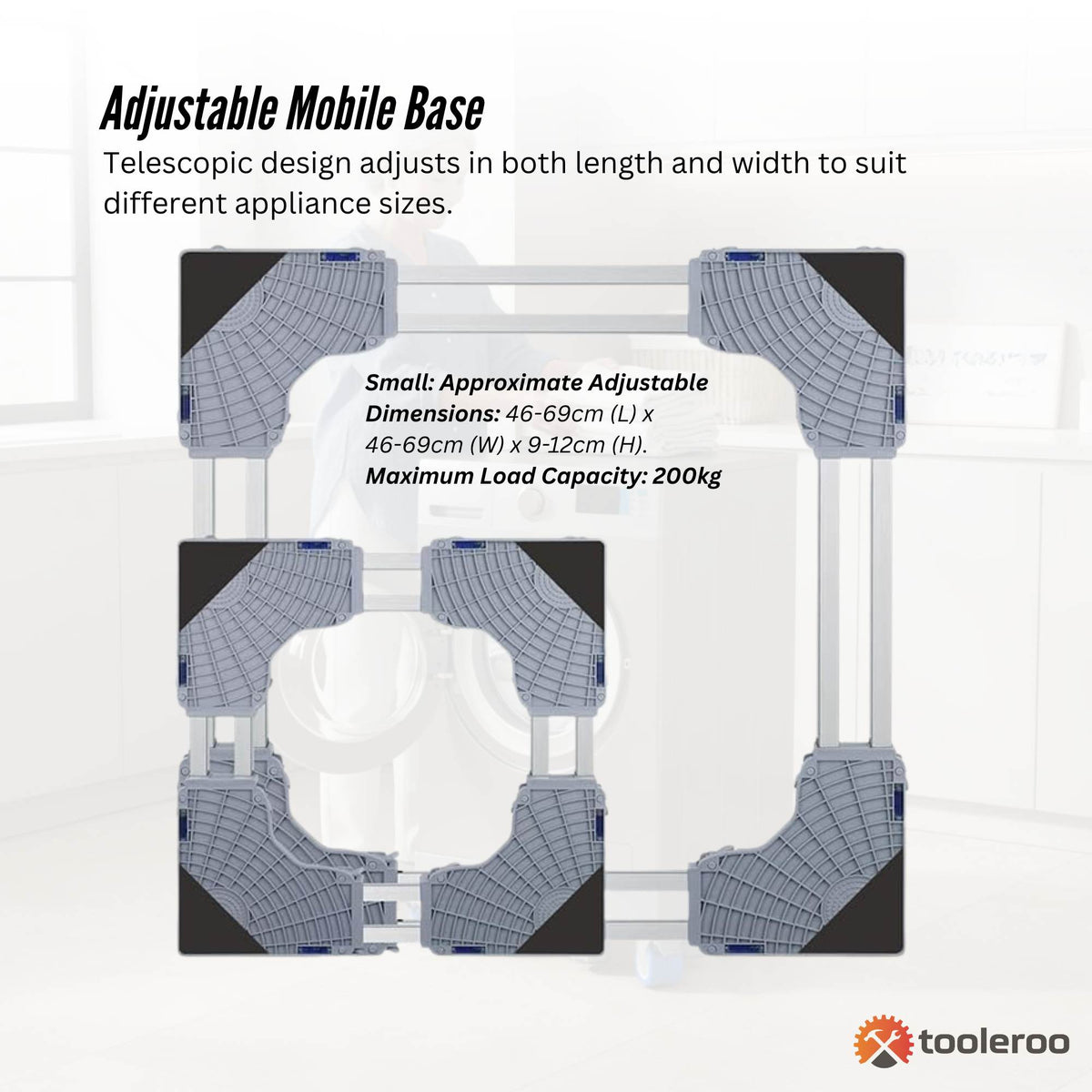 Tooleroo Washing Machine Stand - 200Kg Adjustable Wheeled Appliance Base
