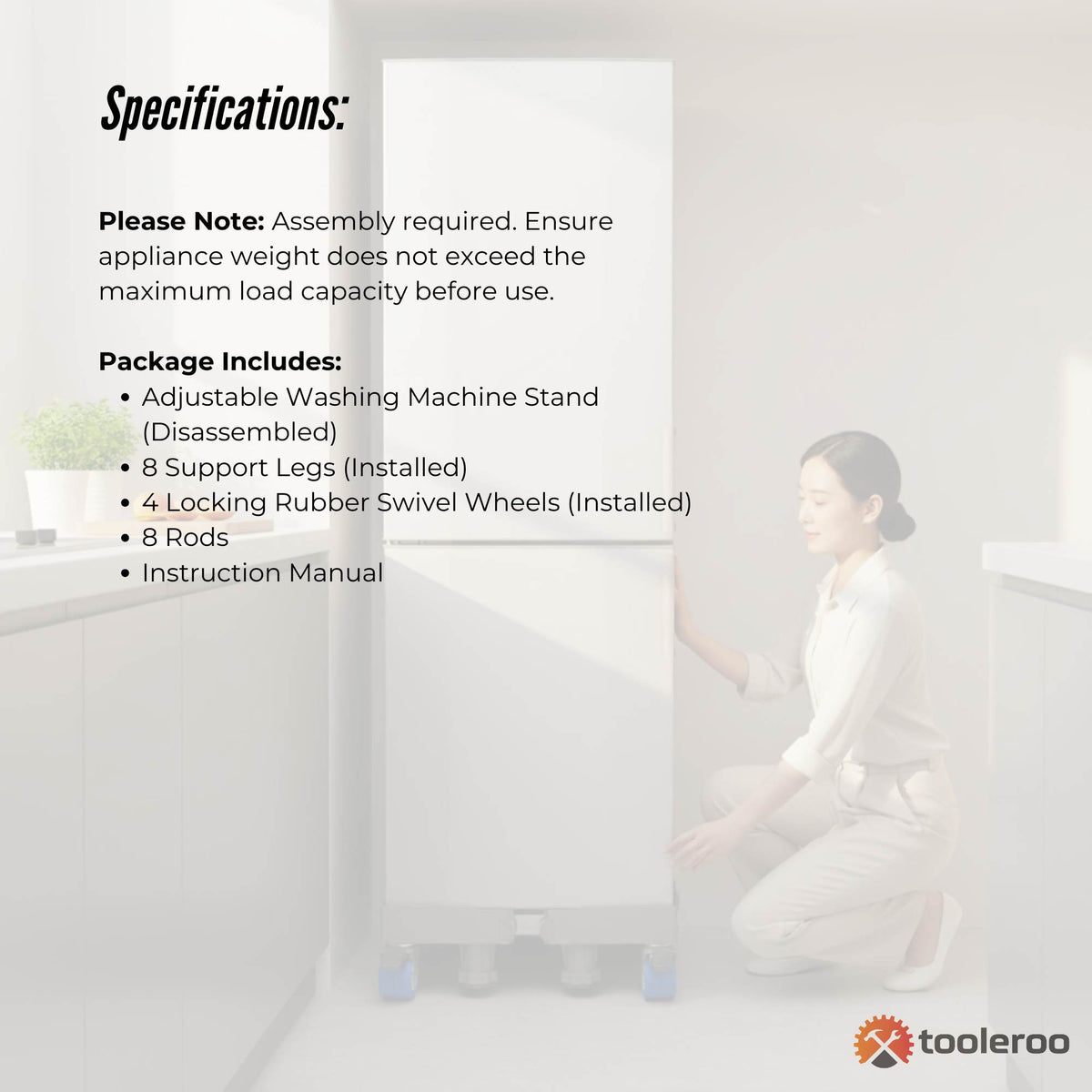 Tooleroo Washing Machine Stand - 200Kg Adjustable Wheeled Fridge Appliance Base