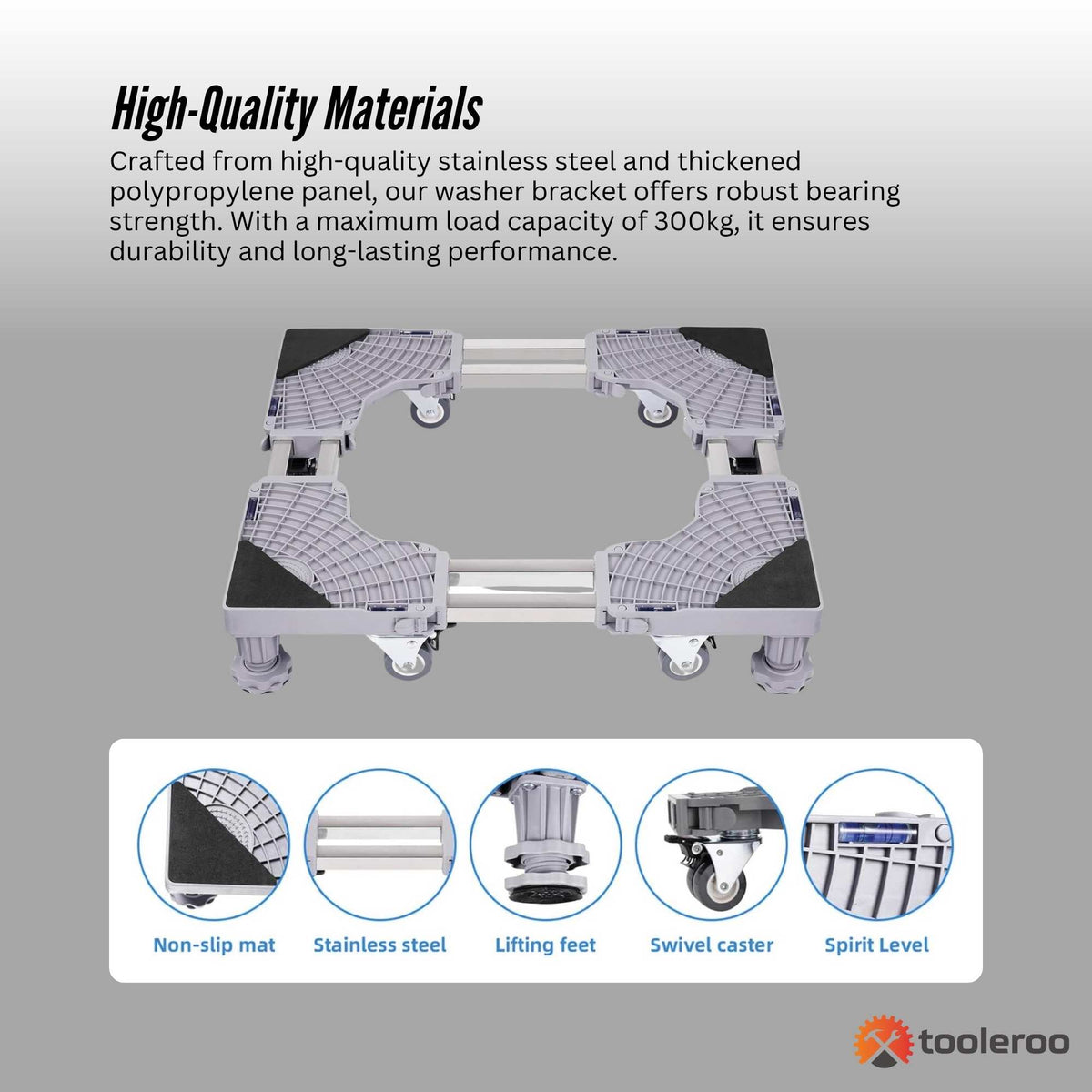 Tooleroo Washing Machine Stand - 300Kg Adjustable Wheeled Appliance Base