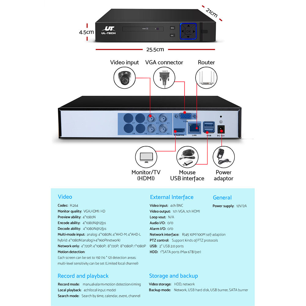 UL-TECH 1080P Security Camera System 4CH DVR with 4 CCTV Dome Cameras