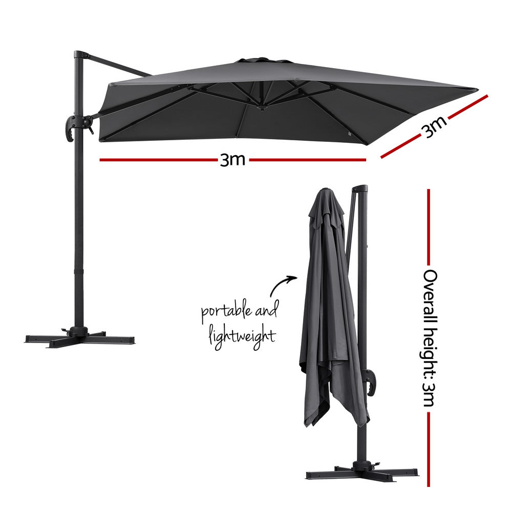 Instahut Outdoor Umbrella 3m Umbrellas Cantilever Stand Sun Roma 360 Degree Charcoal