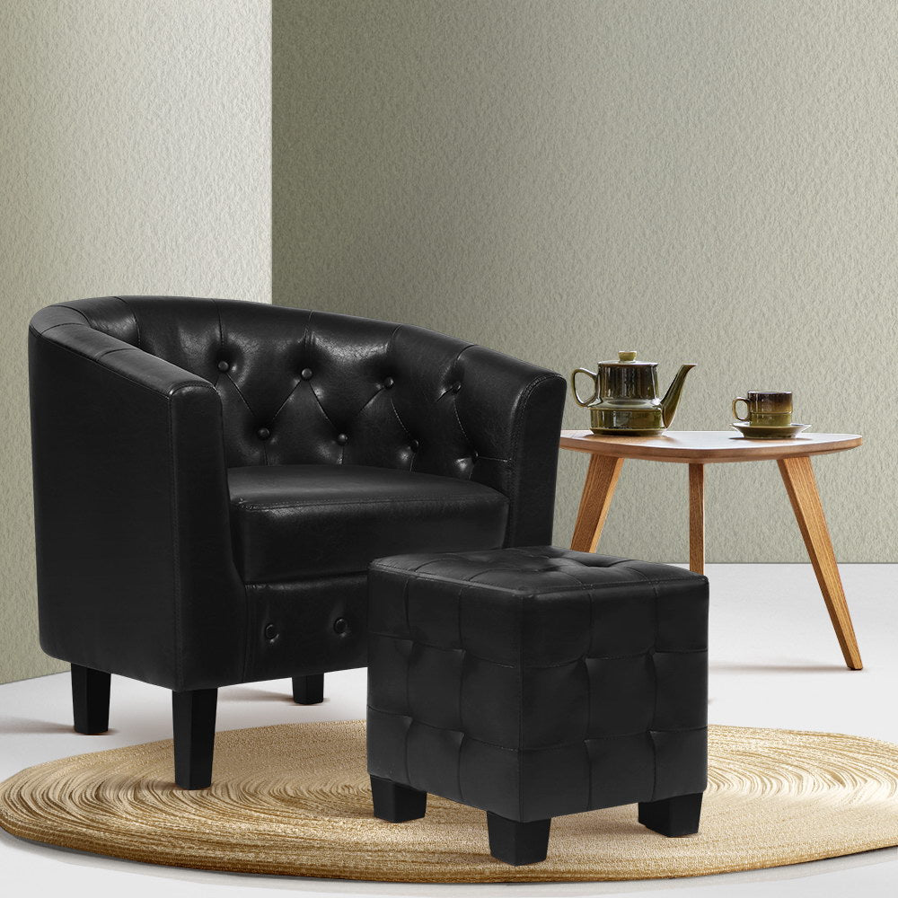 Artiss Armchair Lounge Chair Ottoman Tub Accent Chairs PU Leather Sofa Armchairs Black