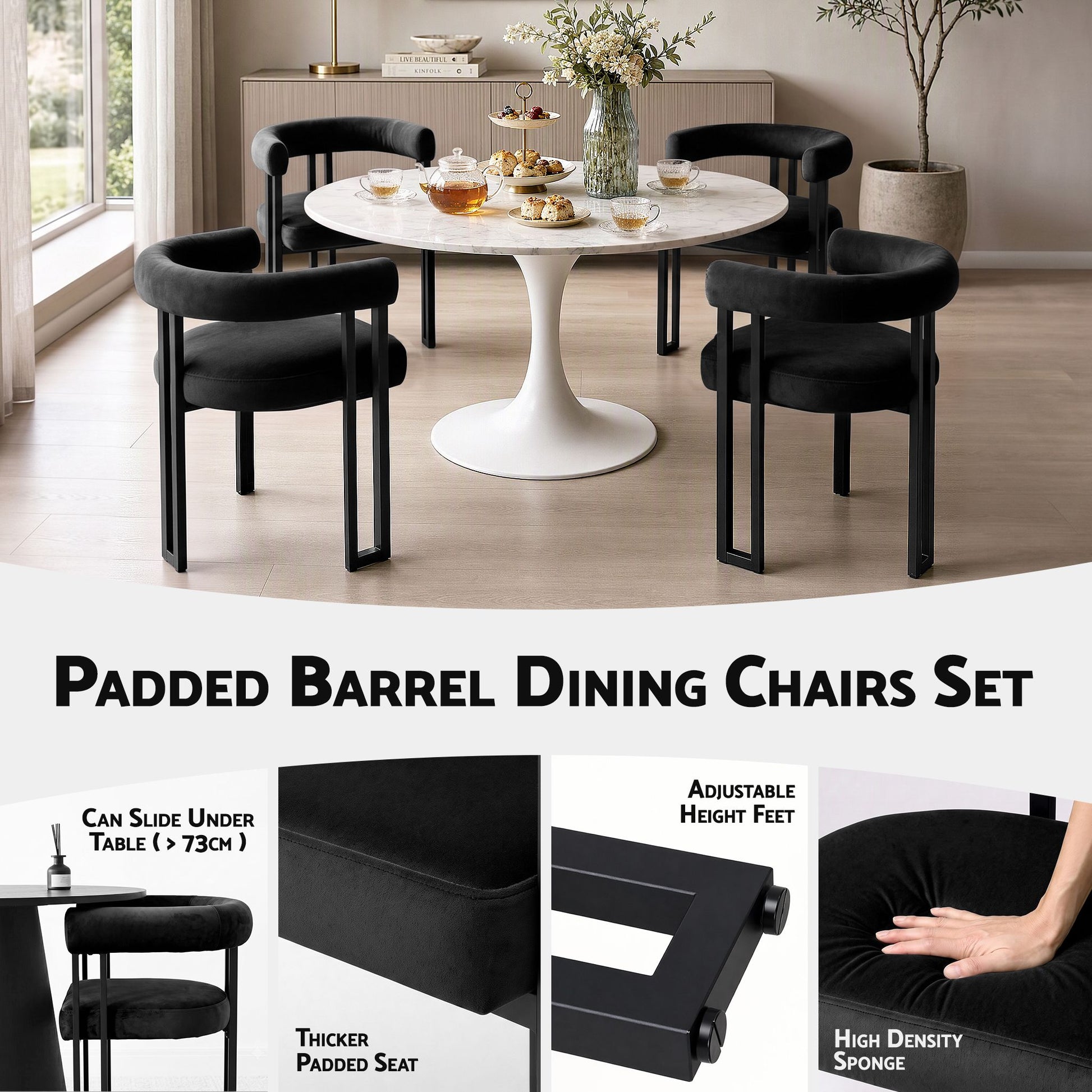 Artiss Dining Chairs Set of 4 Velvet Upholstered Barrel Chairs with Curved Armrests & Back Black