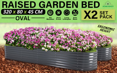 2X Raised Garden Bed Galvanised Steel Planter Oval  320 x 80 x 45cm GREY