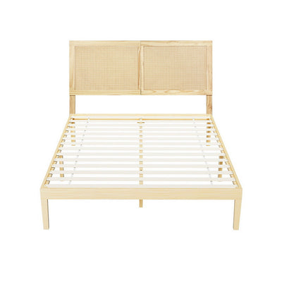 Artiss Bed Frame Queen Size with Rattan Headboard Wooden Bed Base BRUNO