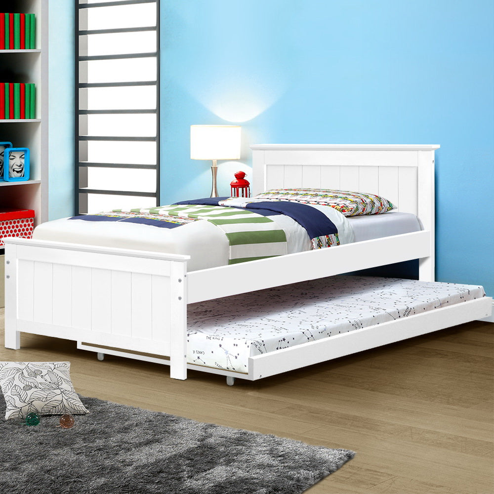 Artiss Wooden Trundle Bed Frame Timber Slat King Single Size White