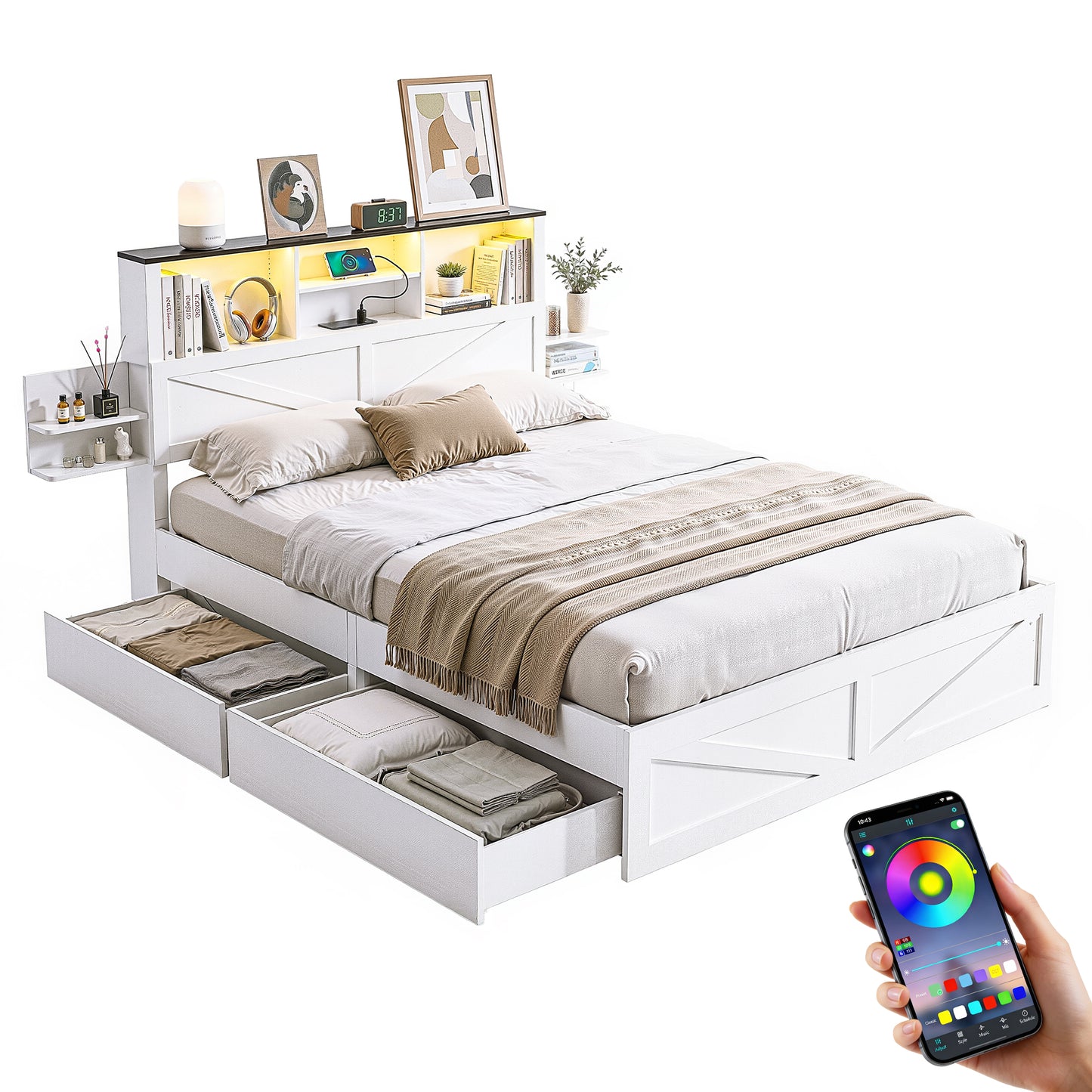 Artiss Queen Bed Frame with Storage Drawers White Platform Bedframe with Bookcase Headboard Charging Station Led Light
