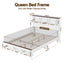 Artiss Queen Bed Frame with Storage Bookcase Headboard and Footboard White Wooden Platform Bed with Charging Station and Led Light Bedroom Furniture