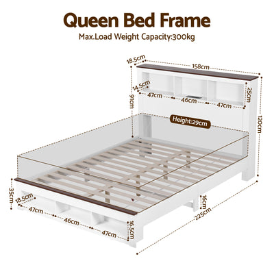 Artiss Queen Bed Frame with Storage Bookcase Headboard and Footboard White Wooden Platform Bed with Charging Station and Led Light Bedroom Furniture