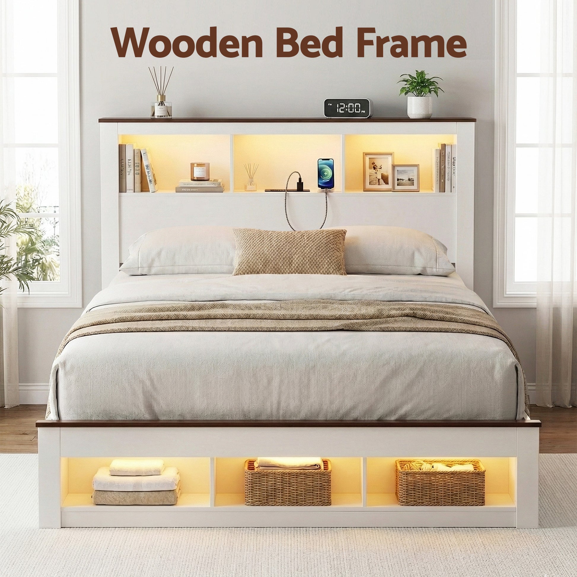 Artiss Queen Bed Frame with Storage Bookcase Headboard and Footboard White Wooden Platform Bed with Charging Station and Led Light Bedroom Furniture