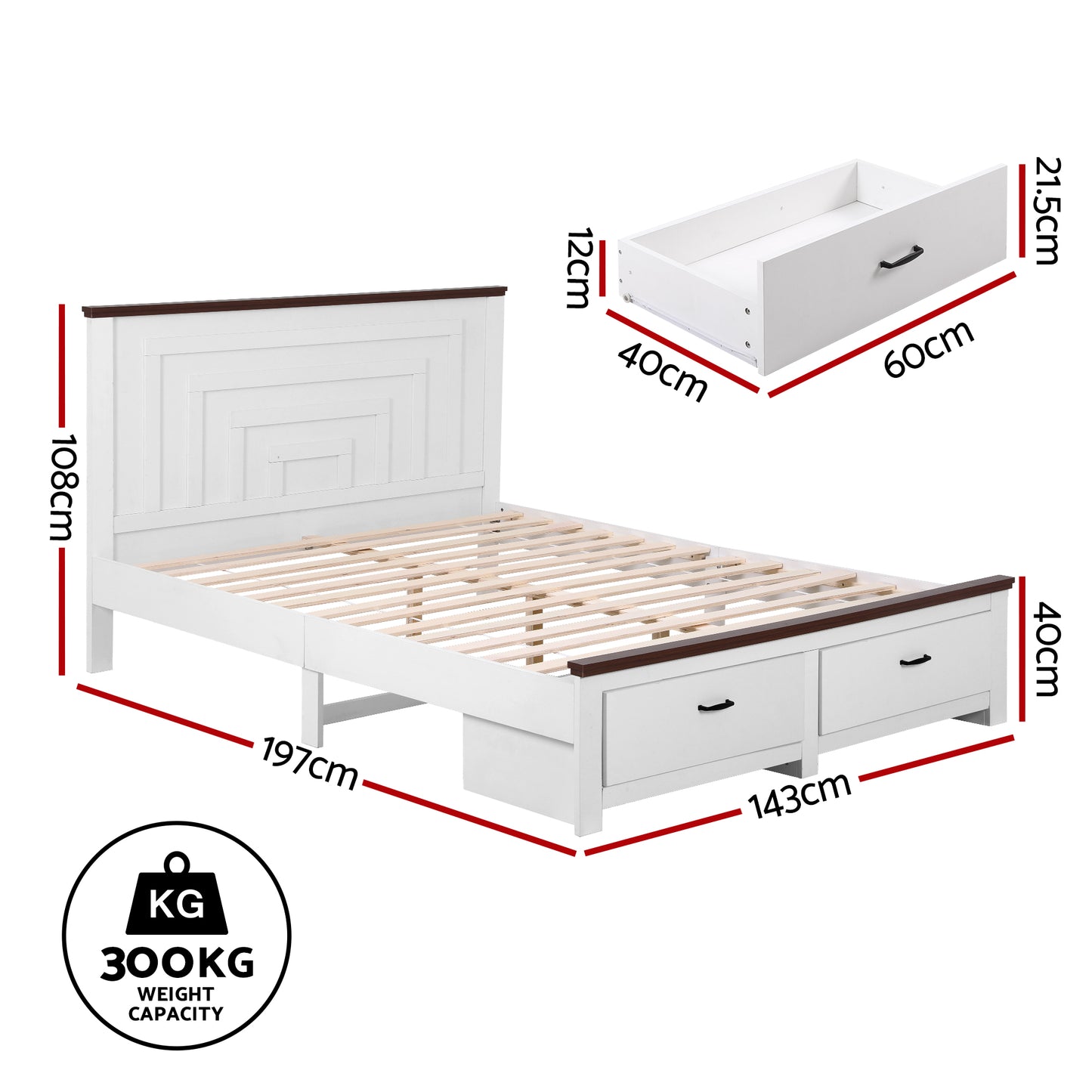 Artiss Double Wooden Bed Frame with 2 Drawer Platform Bed with 108cm Solid High Headboard White Bed Base for Bedroom Easy Assembly