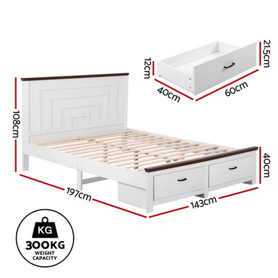 Artiss Double Wooden Bed Frame with 2 Drawer Platform Bed with 108cm Solid High Headboard White Bed Base for Bedroom Easy Assembly