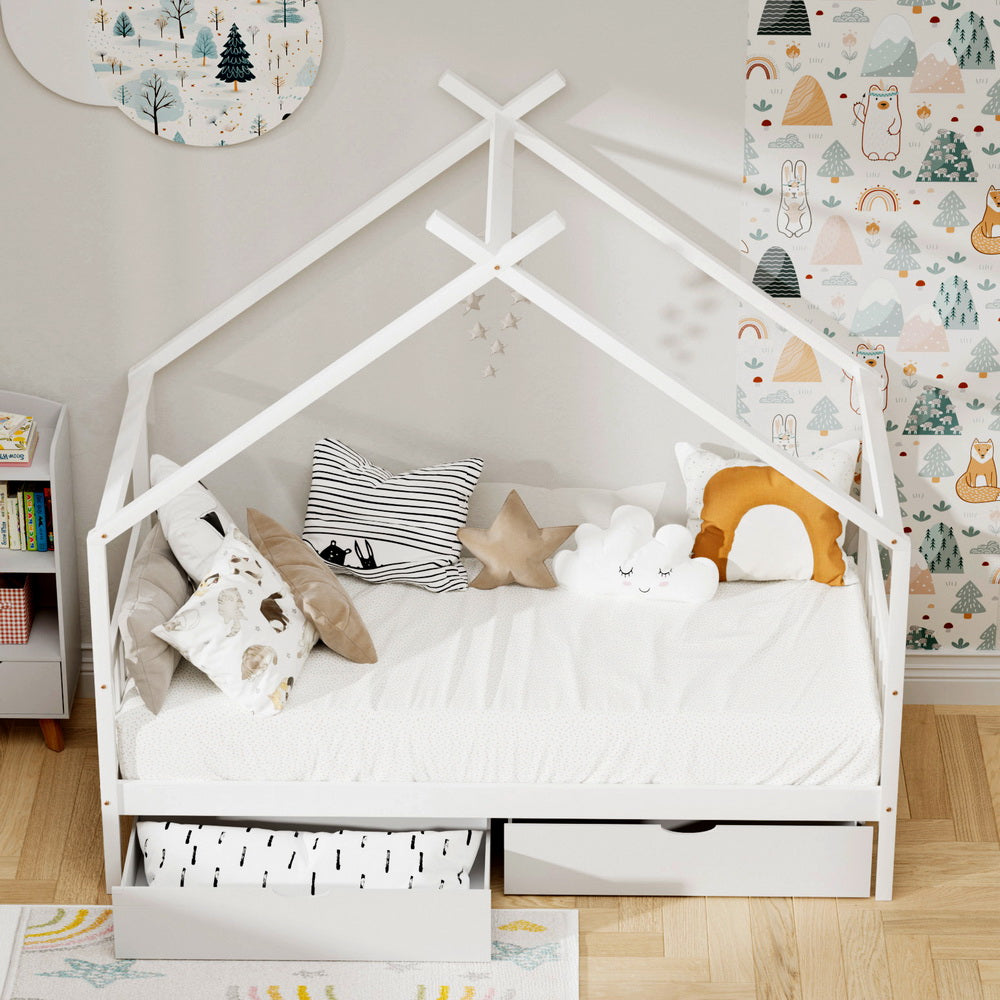 Artiss Bed Frame Wooden Base Kids Single Timber House with 2 Storage Drawers Beds White