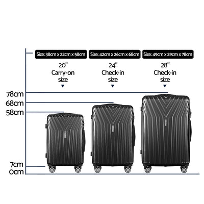 Wanderlite 3 Set Luggage 20-24-28 Inch Suitcase with TSA Lock Carry On Hard Shell Travel Luggage Organiser Case Black