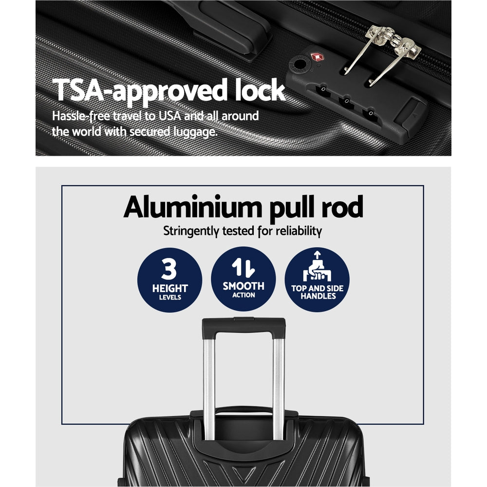 Wanderlite 3pc Luggage 20'' 24'' 28'' Trolley Suitcase Sets Travel TSA Hard Case Lightweight Black