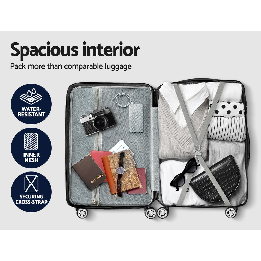 Wanderlite 3pc Luggage 20'' 24'' 28'' Trolley Suitcase Sets Travel TSA Hard Case Lightweight Black