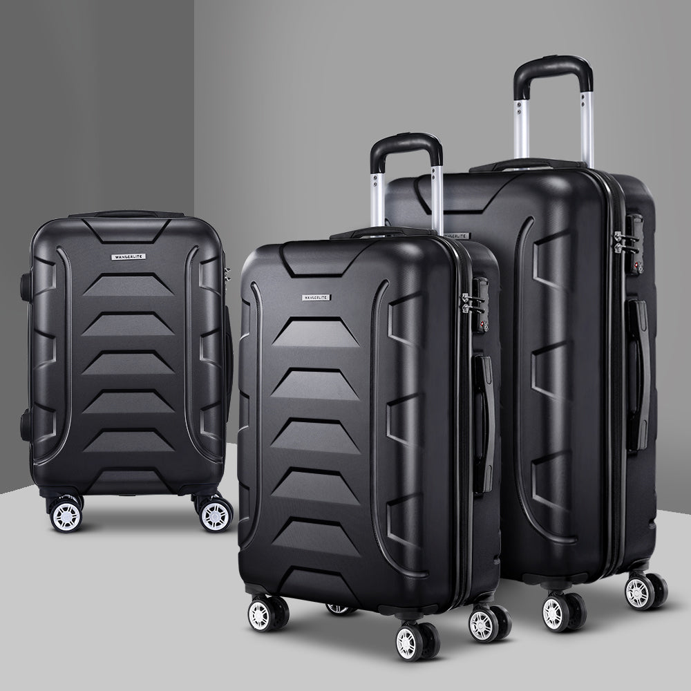 Wanderlite 3pc Luggage Travel Sets Suitcase Trolley TSA Lock Black