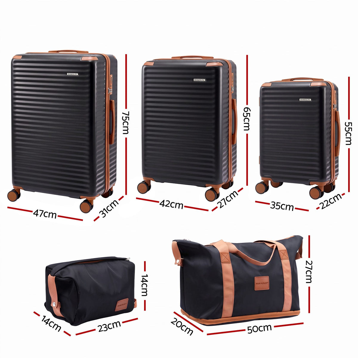 Wanderlite 5pcs Luggage Suitcase Set Trolley Travel TSA Lightweight Hard Case Black Brown