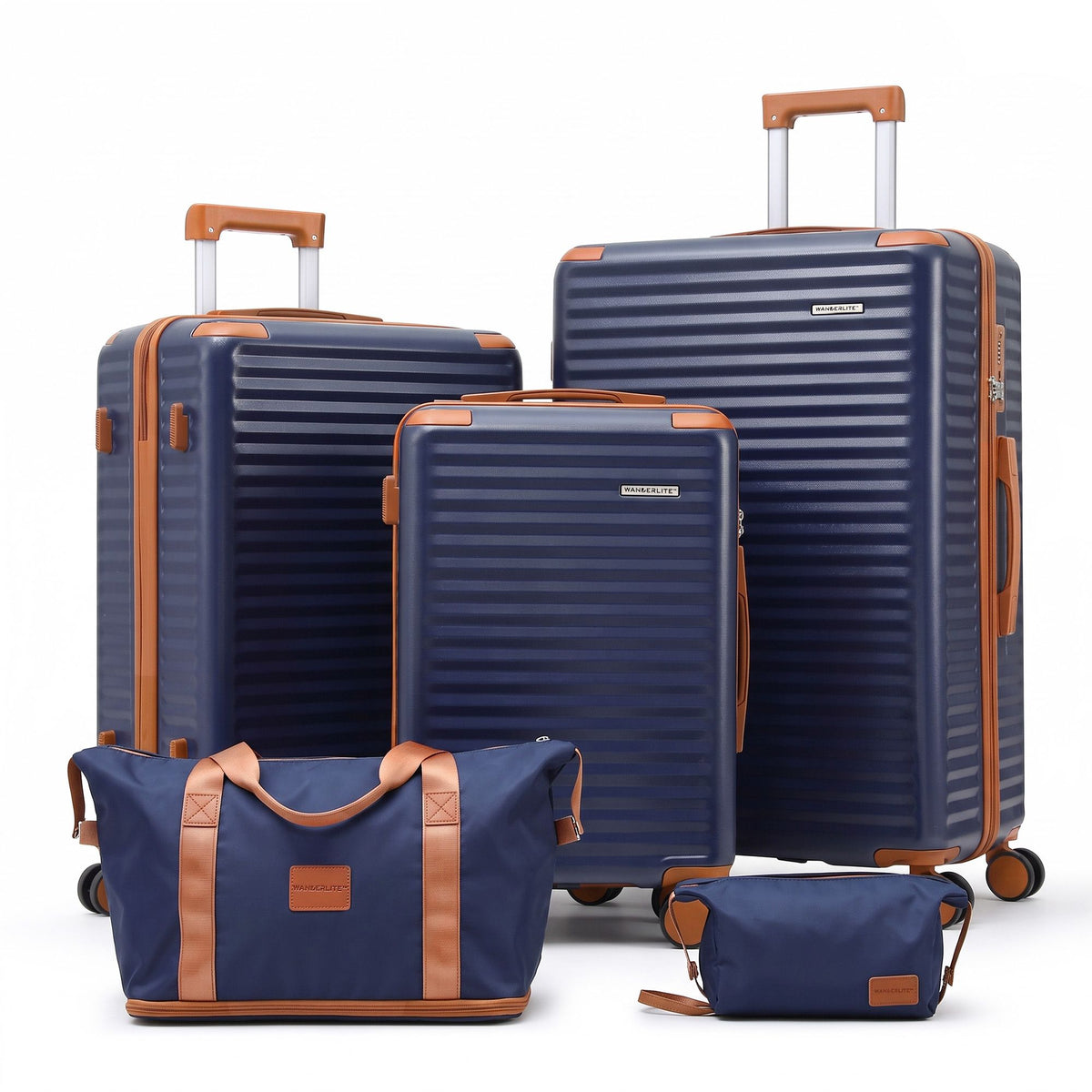 Wanderlite 5pcs Luggage Suitcase Set Trolley Travel TSA Lightweight Hard Case Navy Brown