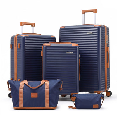 Wanderlite 5pcs Luggage Suitcase Set Trolley Travel TSA Lightweight Hard Case Navy Brown