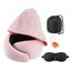 Wanderlite Hooded Travel Neck Pillow for Airplane Memory Foam with Eye Mask Earplugs, Pink